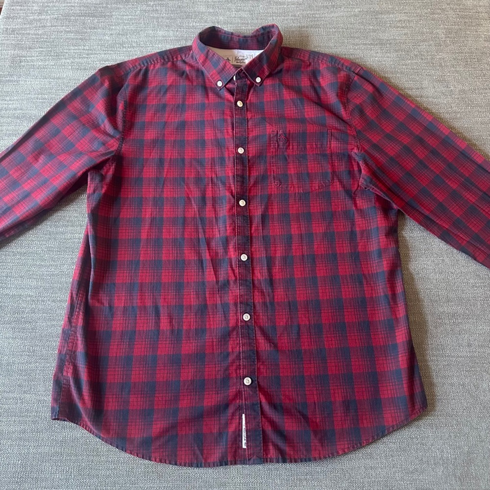 Original Penguin Button Down Shirt Mens XL Red Navy Plaid Long Sleeve